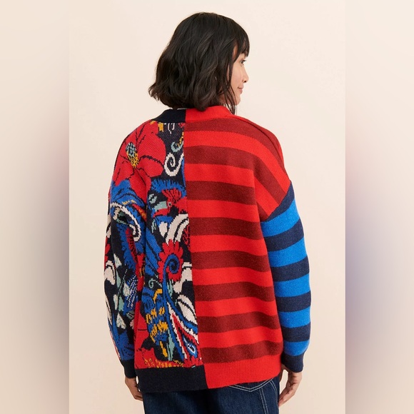Farm Rio Forest Striped Cardigan Patchwork Floral Knit Sweater Womens S - Picture 2 of 12